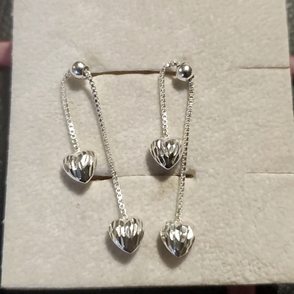 Diamond Cut Sterling Silver Dangle Slide Heart Earrings - Picture 1 of 10